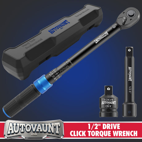 1/2 inch drive click torque wrench with 10-170 ft-lb and 13.6-230.5 Nm dual scale, 72-tooth reversible ratchet, 5-inch extension bar, 1/2 to 3/8 adapter, storage case and inspection certificate for automotive, truck and motorcycle maintenance