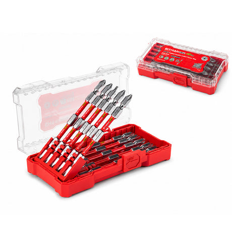 10-piece double-ended PH2 impact power bit set featuring magnetic S2 steel bits with dual torsion zones, HRC63 hardness, anti-cam-out design and storage case, available in 2.5 inch, 3.2 inch and 4.5 inch lengths for impact drivers and drills.