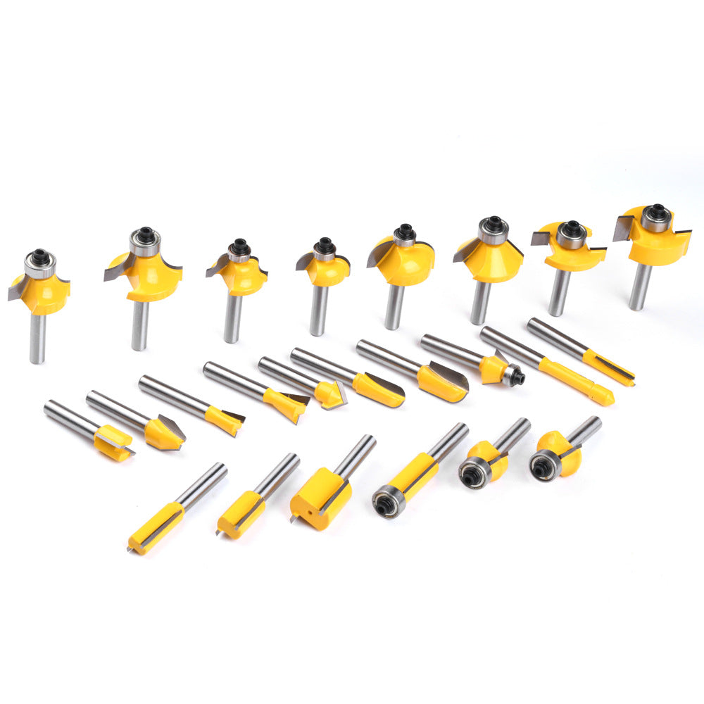 24-piece 1/4 inch shank router bits set in wooden storage case with straight, flush trim, round over, cove, chamfer, dovetail, mortising, slot cutter and grooving bits for woodworking