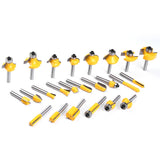 24-piece 1/4 inch shank router bits set in wooden storage case with straight, flush trim, round over, cove, chamfer, dovetail, mortising, slot cutter and grooving bits for woodworking