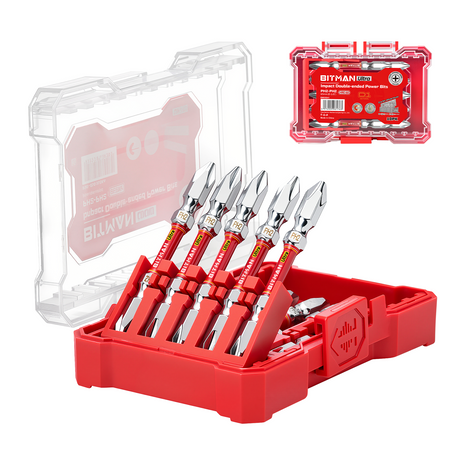 10-piece double-ended PH2 impact power bit set featuring magnetic S2 steel bits with dual torsion zones, HRC63 hardness, anti-cam-out design and storage case, available in 2.5 inch, 3.2 inch and 4.5 inch lengths for impact drivers and drills.