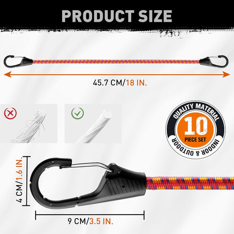 10 piece 18 inch bungee cord set with carabiner clips 9mm heavy duty elastic rope straps for cargo tie down outdoor use