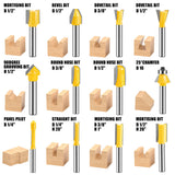 24-piece 1/4 inch shank router bits set in wooden storage case with straight, flush trim, round over, cove, chamfer, dovetail, mortising, slot cutter and grooving bits for woodworking
