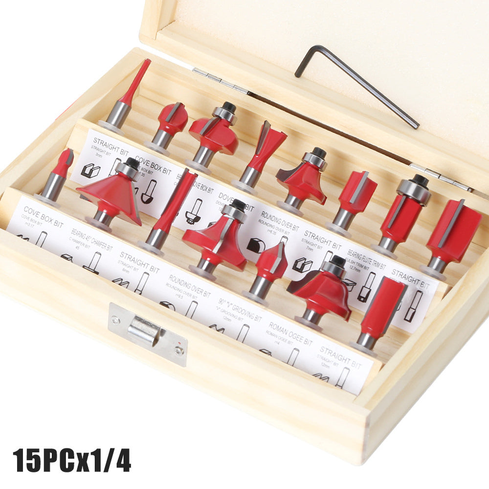 15-piece 1/4 inch shank router bit set in wooden storage case with straight, dovetail, cove, cove box, Roman ogee, corner round, chamfer, mortising and V-slot bits for woodworking