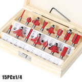 15-piece 1/4 inch shank router bit set in wooden storage case with straight, dovetail, cove, cove box, Roman ogee, corner round, chamfer, mortising and V-slot bits for woodworking