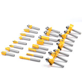 24-piece 1/4 inch shank router bits set in wooden storage case with straight, flush trim, round over, cove, chamfer, dovetail, mortising, slot cutter and grooving bits for woodworking