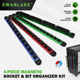 4-piece magnetic socket and bit organizer kit with aluminum rails, rotating clips and strong magnetic base for tool storage