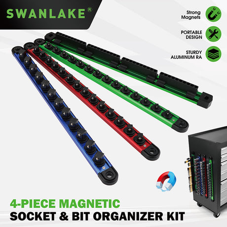 4-piece magnetic socket and bit organizer kit with aluminum rails, rotating clips and strong magnetic base for tool storage