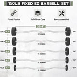 150LB fixed EZ curl barbell set with 10, 20, 30, 40 and 50 lb pre-assembled PVC coated weighted bars for home gym strength training