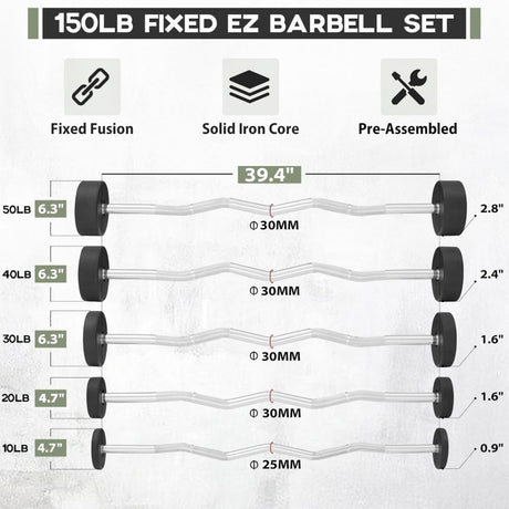 150LB fixed EZ curl barbell set with 10, 20, 30, 40 and 50 lb pre-assembled PVC coated weighted bars for home gym strength training