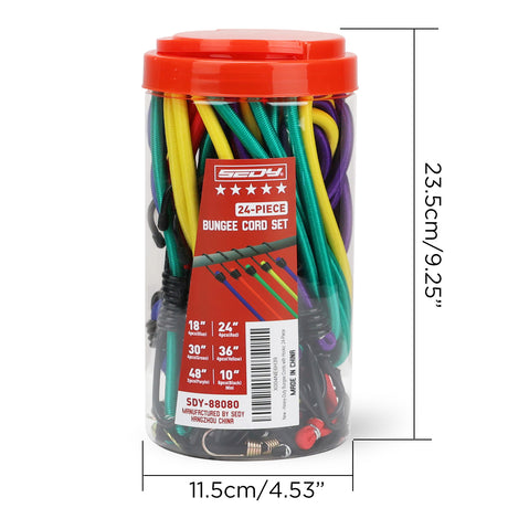24-piece heavy duty bungee cord set with multi-length elastic straps and coated steel hooks for camping, transport and storage