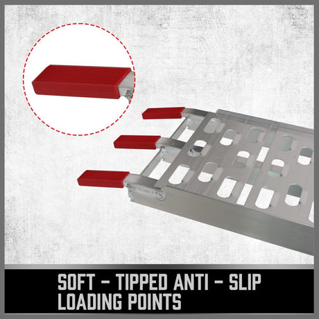 folding aluminum motorcycle loading ramp  with 230cm length, perforated anti-slip surface, centre support beam, soft-tipped loading points and safety straps for motorcycles, ATVs, dirt bikes, scooters and light equipment loading