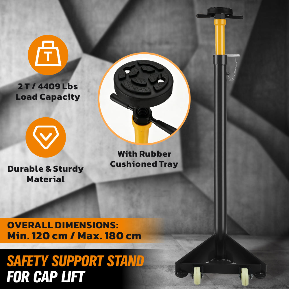 2 ton adjustable under hoist safety support stand with rubber cushioned tray, rotating handle, steel base and nylon wheels