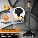 2 ton adjustable under hoist safety support stand with rubber cushioned tray, rotating handle, steel base and nylon wheels