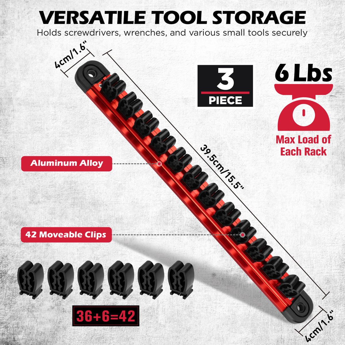 3-piece magnetic tool organizer with 42 adjustable clips, aluminum rails for wrenches, screwdrivers and tool storage