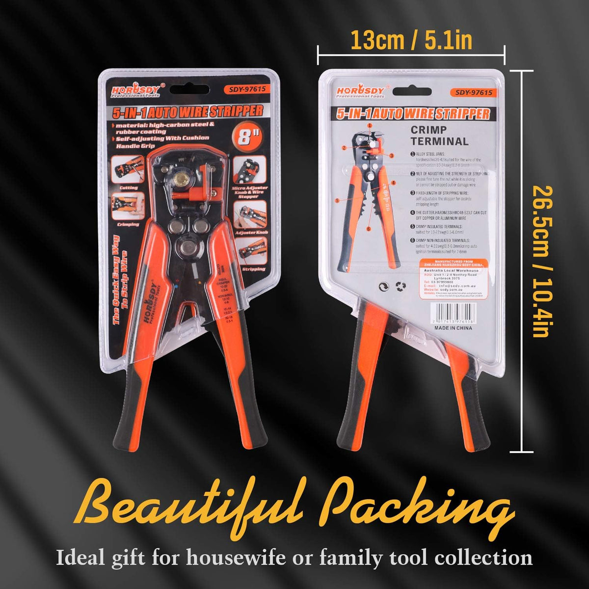 8 Inch 5-in-1 Automatic Wire Stripper with Self Adjusting Jaws, Wire Cutter, Terminal Crimper and Orange Non-Slip Handles