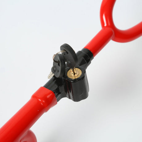 heavy-duty U-shaped car steering wheel lock in red with keyed lock cylinder, rubber handle grip, metal security bar and two keys for vehicle anti-theft deterrence