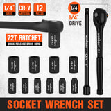 12-Piece 1/4 Inch Drive Ratchet Socket Wrench Set with Metric Sockets 4mm-13mm, 72 Tooth Quick Release Ratchet and 6 Inch Extension Bar