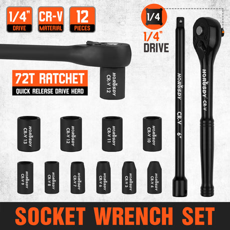12-Piece 1/4 Inch Drive Ratchet Socket Wrench Set with Metric Sockets 4mm-13mm, 72 Tooth Quick Release Ratchet and 6 Inch Extension Bar