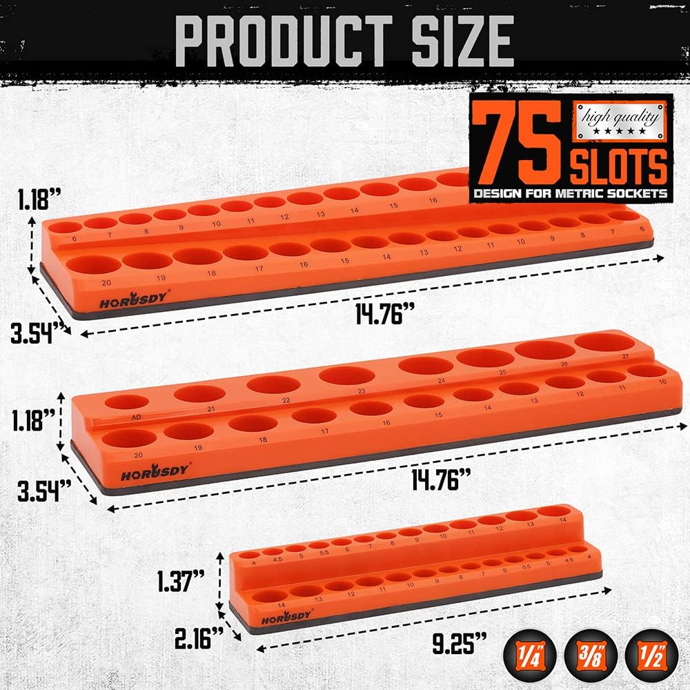 3-piece magnetic socket organizer set with 75 slots, orange metric socket holders for 1/4, 3/8 and 1/2 inch drive sockets, suitable for toolboxes and workshop storage.