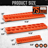 3-piece magnetic socket organizer set with 75 slots, orange metric socket holders for 1/4, 3/8 and 1/2 inch drive sockets, suitable for toolboxes and workshop storage.