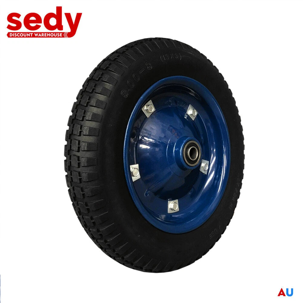 13 inch 3.00-8 pneumatic wheelbarrow trolley wheel with 16mm bore and blue steel hub, heavy-duty replacement tyre for carts and barrows