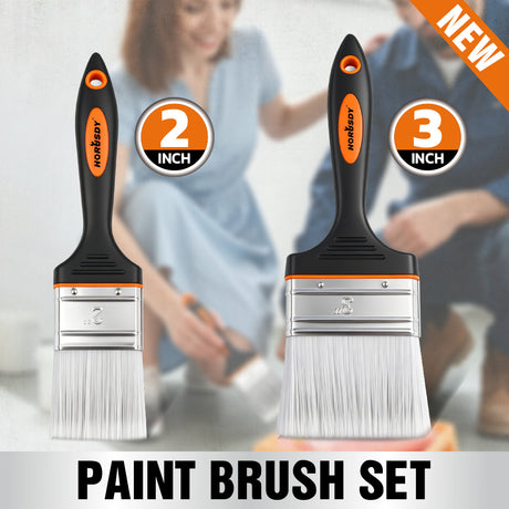 2 inch and 3 inch flat paint brush set with polyester bristles, stainless steel ferrule and plastic handle for paints, stains, acrylics and DIY projects