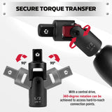 CR-V universal joint socket adapter in 1/4 inch, 3/8 inch and 1/2 inch drive sizes for ratchets, impact tools and automotive repair