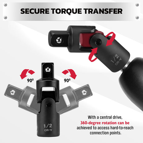 CR-V universal joint socket adapter in 1/4 inch, 3/8 inch and 1/2 inch drive sizes for ratchets, impact tools and automotive repair