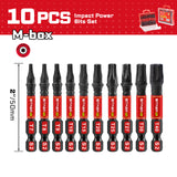 10-piece 2-inch Torx impact bit set with T7, T8, T9, T10, T15, T20, T25, T27, T30 and T40 magnetic S2 steel power bits, torsion zones and compact storage case.