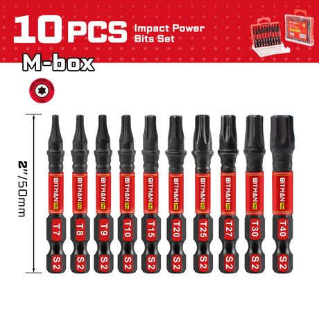 10-piece 2-inch Torx impact bit set with T7, T8, T9, T10, T15, T20, T25, T27, T30 and T40 magnetic S2 steel power bits, torsion zones and compact storage case.