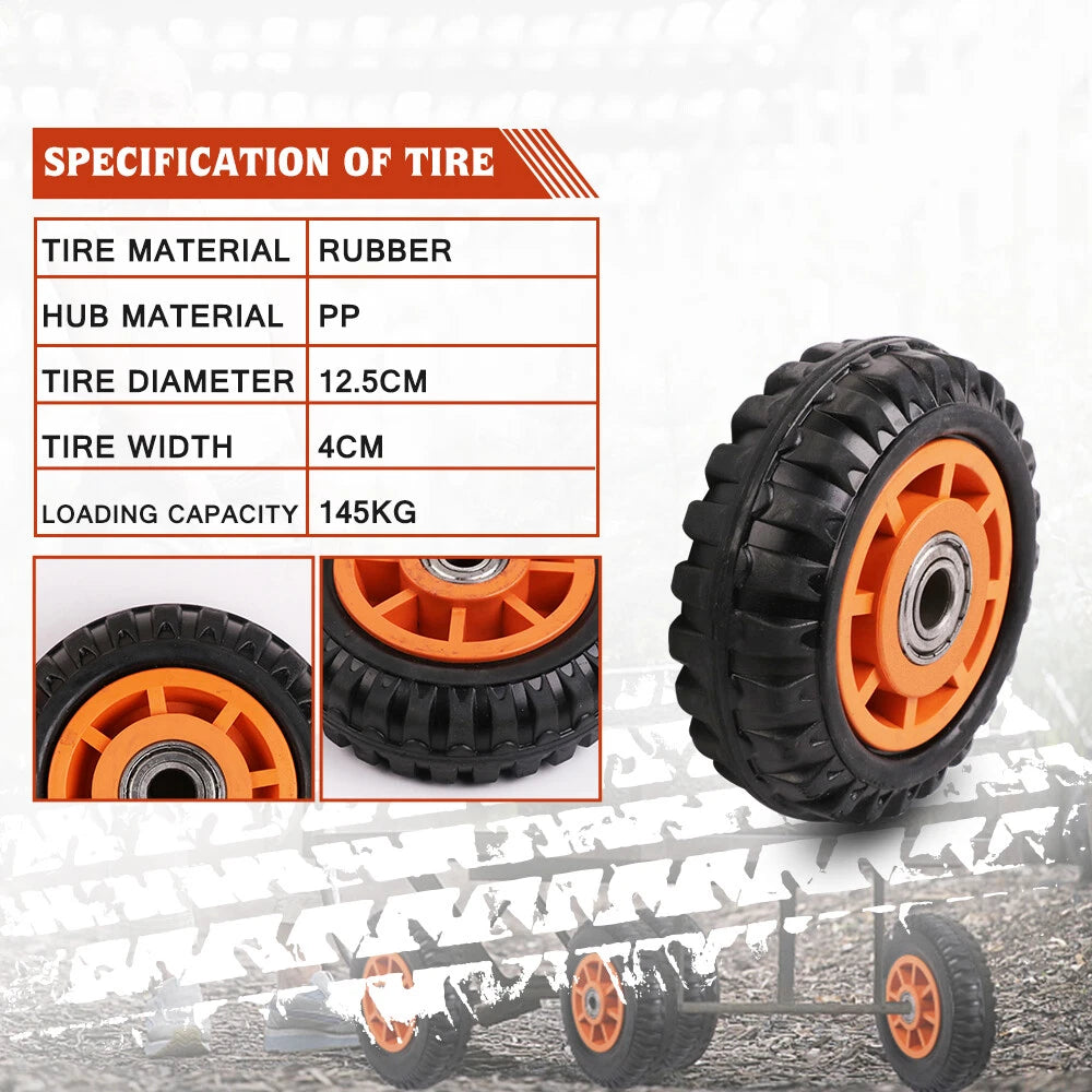 5 inch solid trolley wheel with plastic rim and 15mm bore for wheelbarrows, lawnmowers, carts and hand trucks.