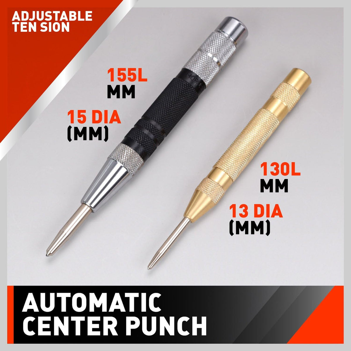 2-piece automatic center punch set with adjustable spring-loaded mechanism, hardened chrome vanadium steel tips and knurled grips for metal and woodworking