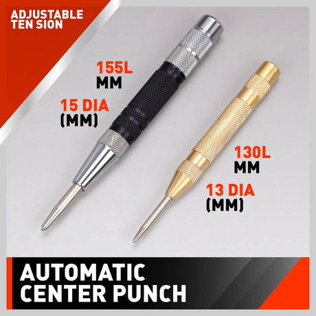 2-piece automatic center punch set with adjustable spring-loaded mechanism, hardened chrome vanadium steel tips and knurled grips for metal and woodworking