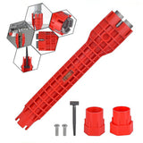 Red 8-in-1 sink wrench and faucet installer tool with adapters for under sink plumbing, basin nuts, valves and supply lines