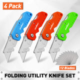 4Pc Folding Utility Knife Set | Quick-Change Box Cutter with 10 Extra Blades | Includes Storage Bag