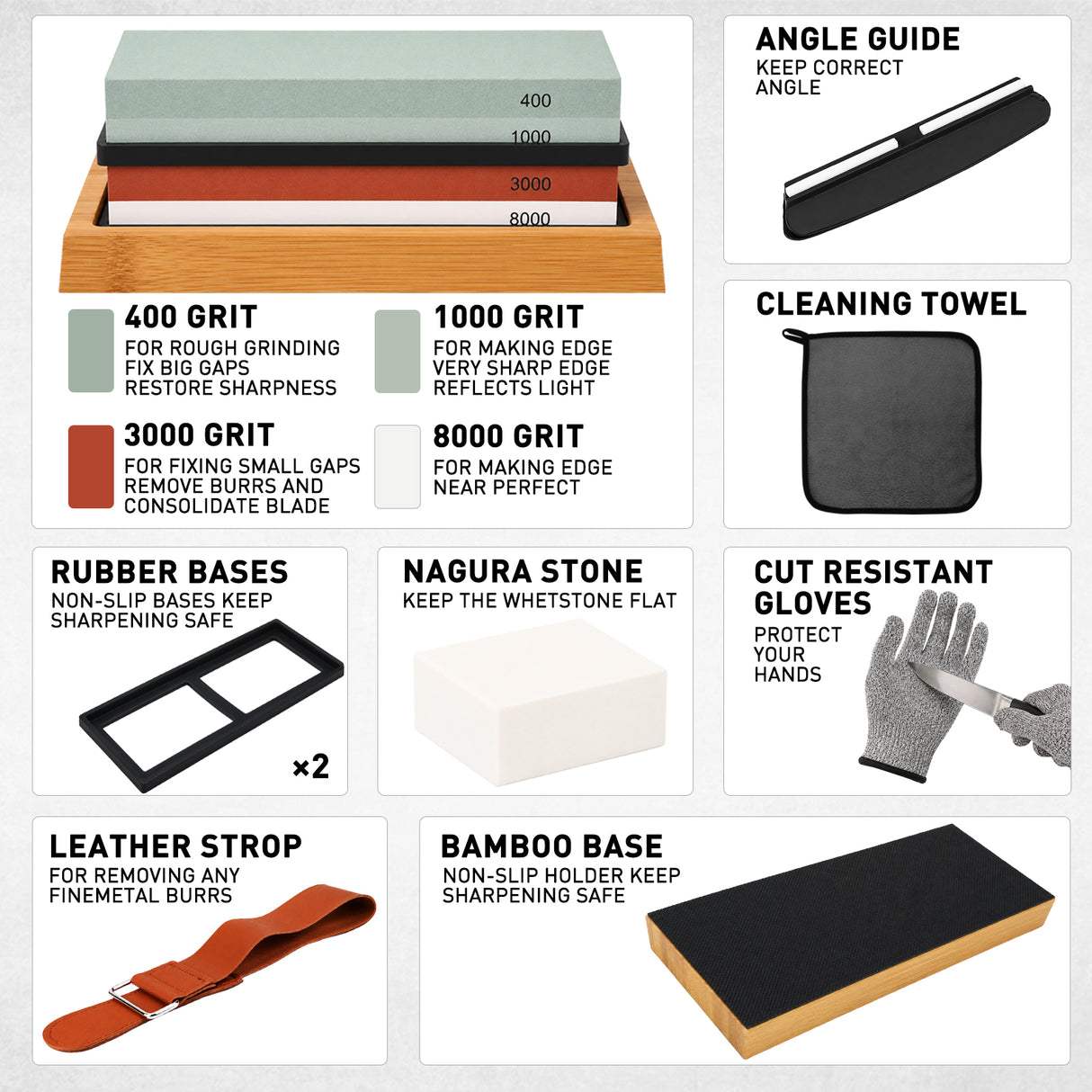 10-piece knife sharpening stone kit with 400/1000 and 3000/8000 grit whetstones, bamboo base, rubber bases, angle guide, Nagura stone, leather strop, cleaning towel and cut resistant gloves