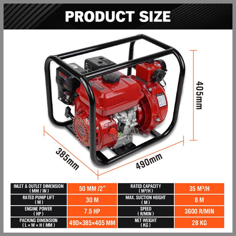 2 inch gasoline water pump with 7.5HP engine and steel frame for irrigation drainage and water transfer