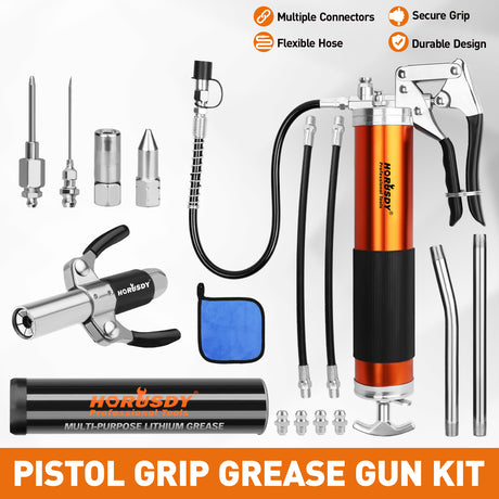 18-piece pistol grip grease gun kit with 8000 PSI pressure, flexible hose, lock coupler and multiple grease fittings