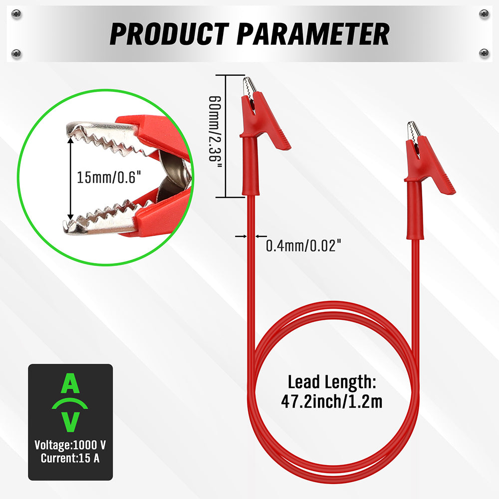 1.2m alligator clip test leads set with insulated silicone wires for multimeter and circuit testing – 1000V 15A rated professional tool.