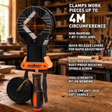 4-piece woodworking clamp set with two 13 ft strap clamps and two 4.5 in spring clamps for picture frames, boxes and irregular workpieces.