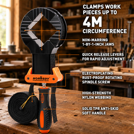 4-piece woodworking clamp set with two 13 ft strap clamps and two 4.5 in spring clamps for picture frames, boxes and irregular workpieces.