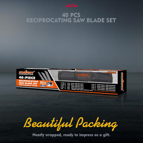 40-Piece Reciprocating Saw Blade Set for Wood and Metal Cutting, compatible with major brands.