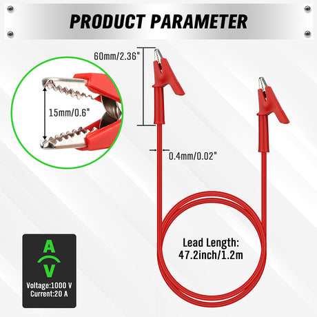 SWANLAKE 1000V 20A alligator clips test leads with red and black silicone cables and insulated jaws for electrical testing and connection