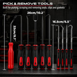 auto trim removal tool kit with red nylon pry tools, heat-treated pick hooks, ergonomic handles and extendable LED magnetic pickup tool for car panel, clip, seal and O-ring removal