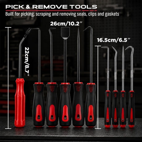 auto trim removal tool kit with red nylon pry tools, heat-treated pick hooks, ergonomic handles and extendable LED magnetic pickup tool for car panel, clip, seal and O-ring removal