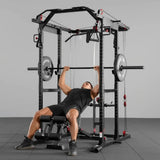 multi-function power cage power rack with cable crossover, lat pulldown, low row station and gym attachments for home strength training