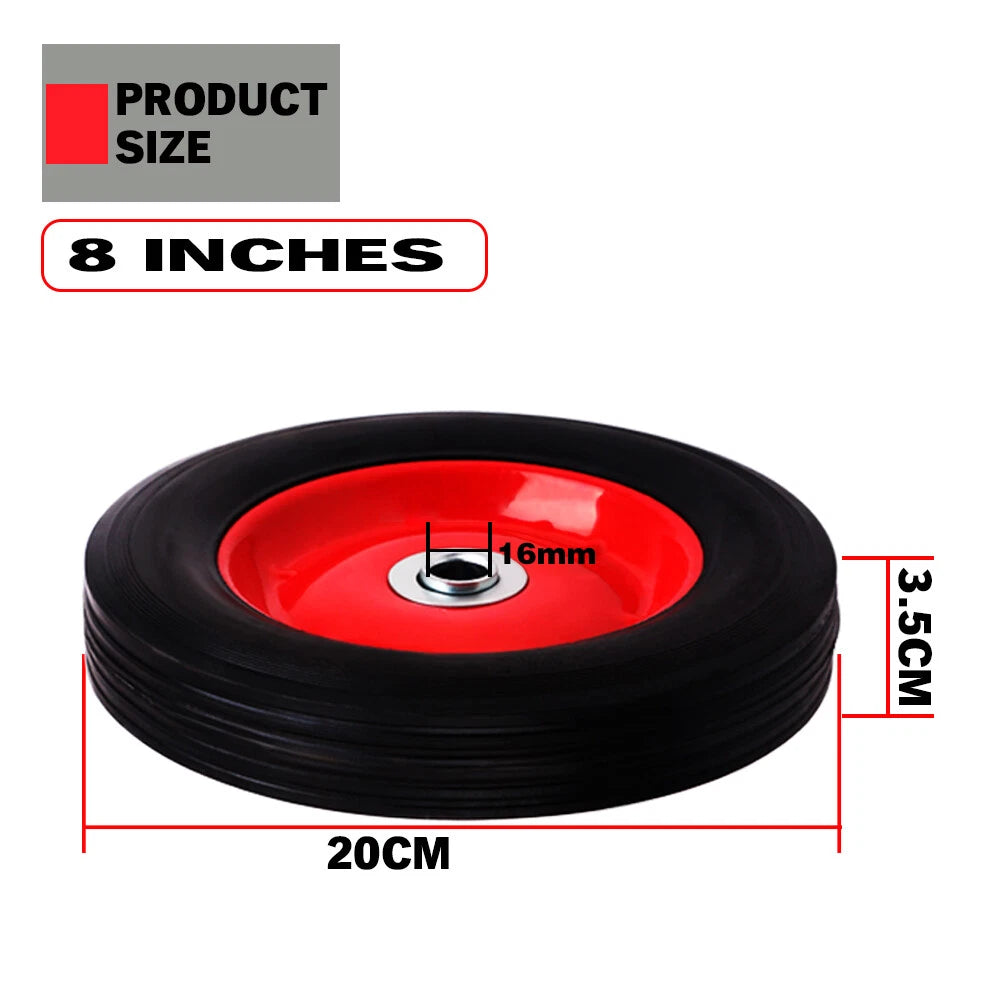 8 inch solid rubber trolley wheel with 16mm bore, durable replacement cart wheel for hand trucks and garden trolleys