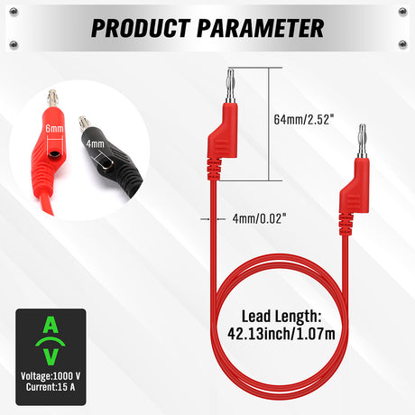 SWANLAKE 1000V 15A dual-ended banana plug test leads, red and black silicone cables with stackable connectors for multimeter and electronic testing
