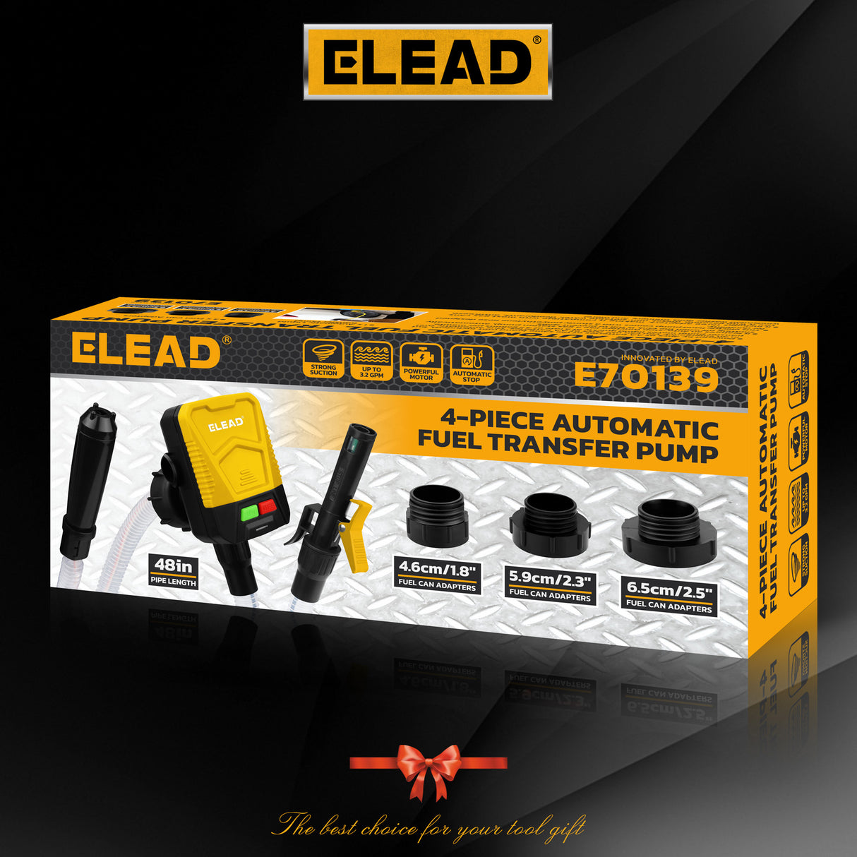 battery powered automatic fuel transfer pump with auto shut-off and multiple fuel can adapters